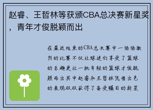 赵睿、王哲林等获颁CBA总决赛新星奖，青年才俊脱颖而出