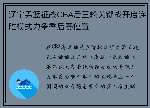 辽宁男篮征战CBA后三轮关键战开启连胜模式力争季后赛位置