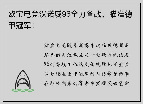 欧宝电竞汉诺威96全力备战，瞄准德甲冠军！